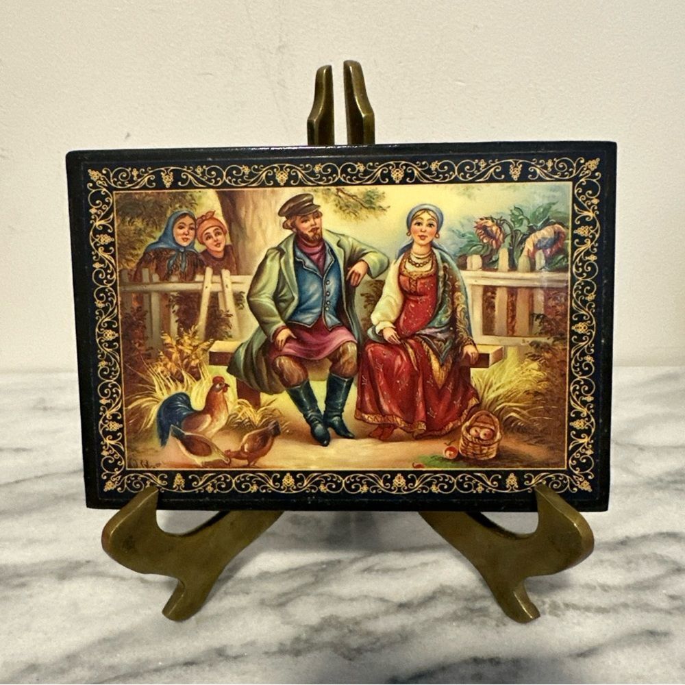 Vintage Russian Lacquer Box with Folk Art Design